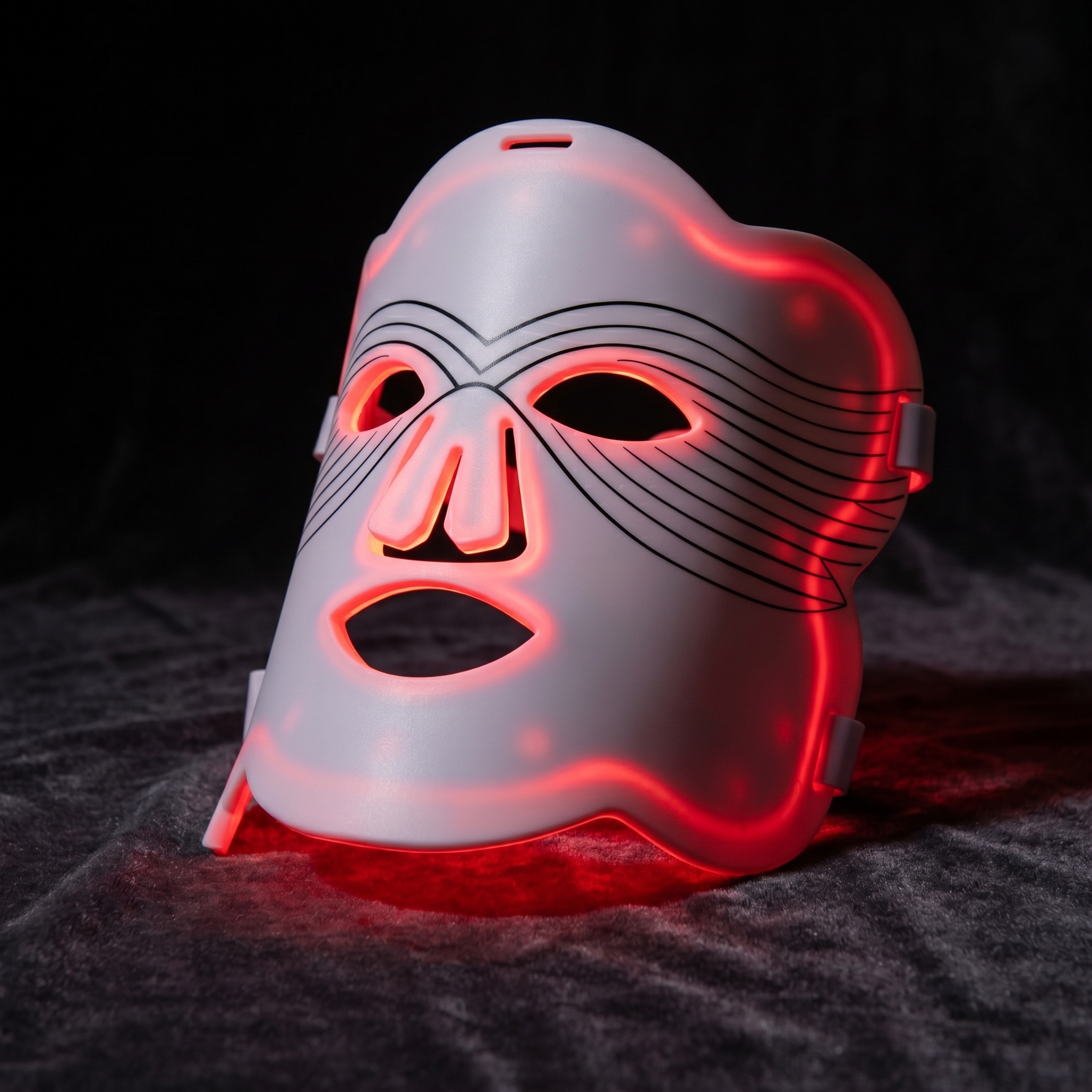 White hockey mask lit by red LED glow against a dark background, close-up view of eye holes and stripes.