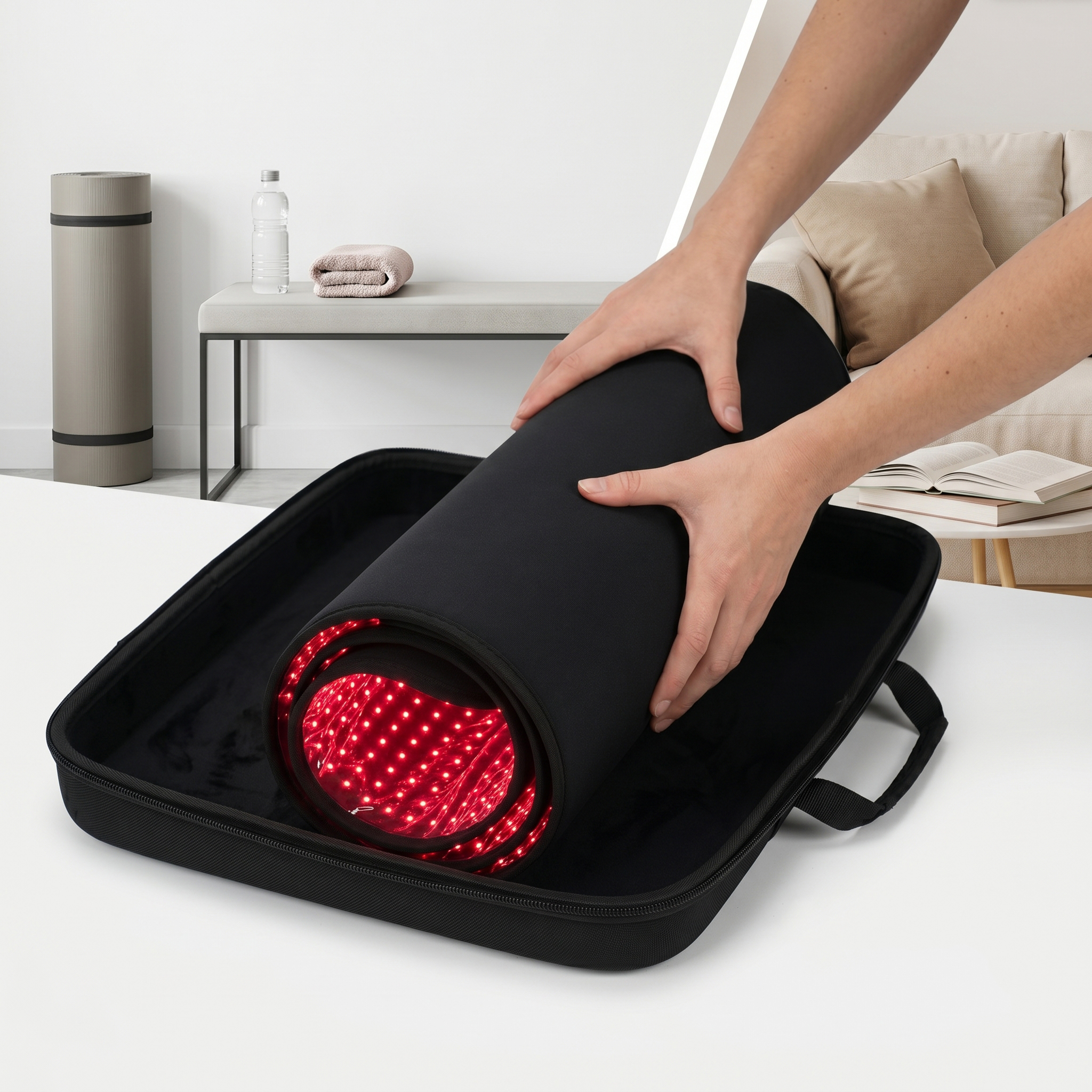 Open case with a red LED massage device; someone rests their legs on a couch in a clean, bright room with a water bottle, towel, and mat nearby.