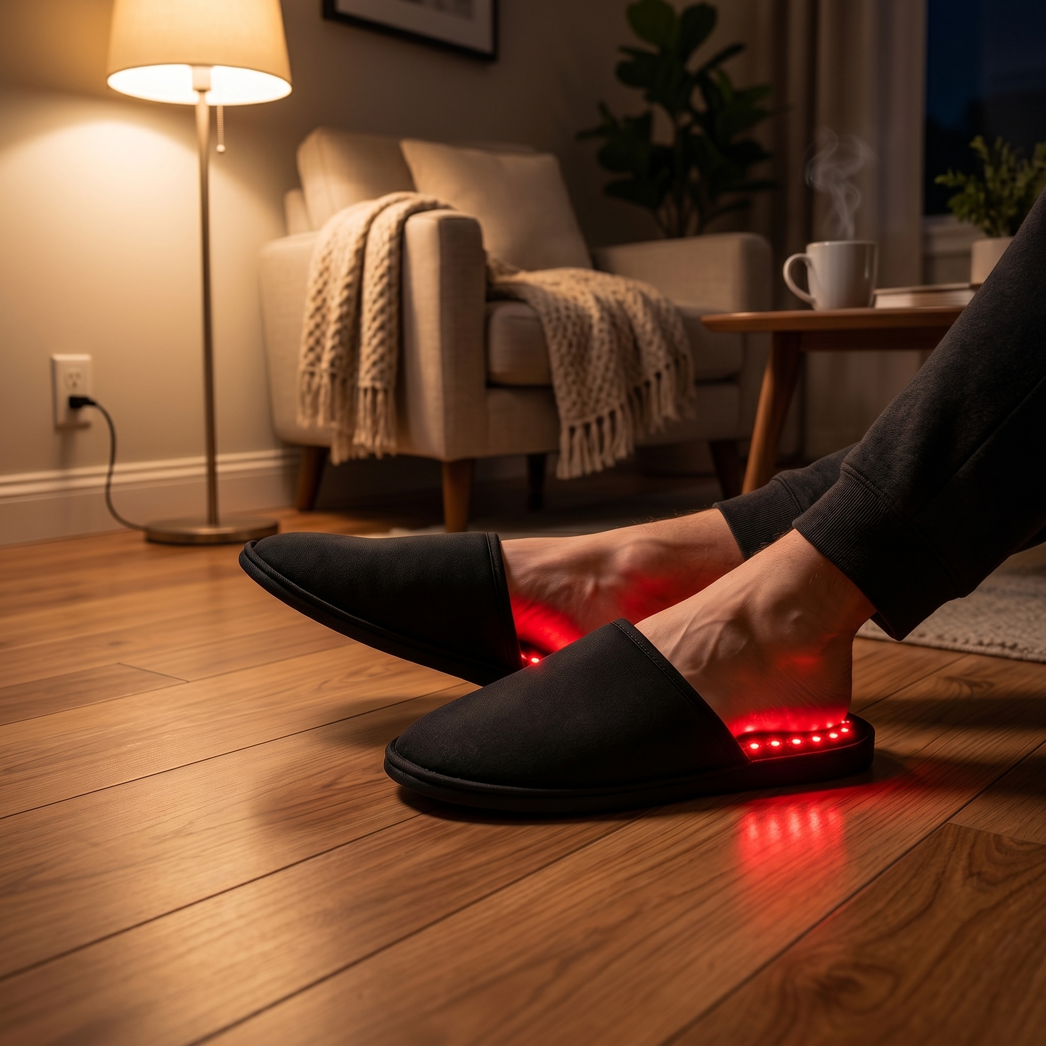 Close-up of a person’s black flats and crossed legs on a wooden floor, with a lamp and sofa in a cozy living room.