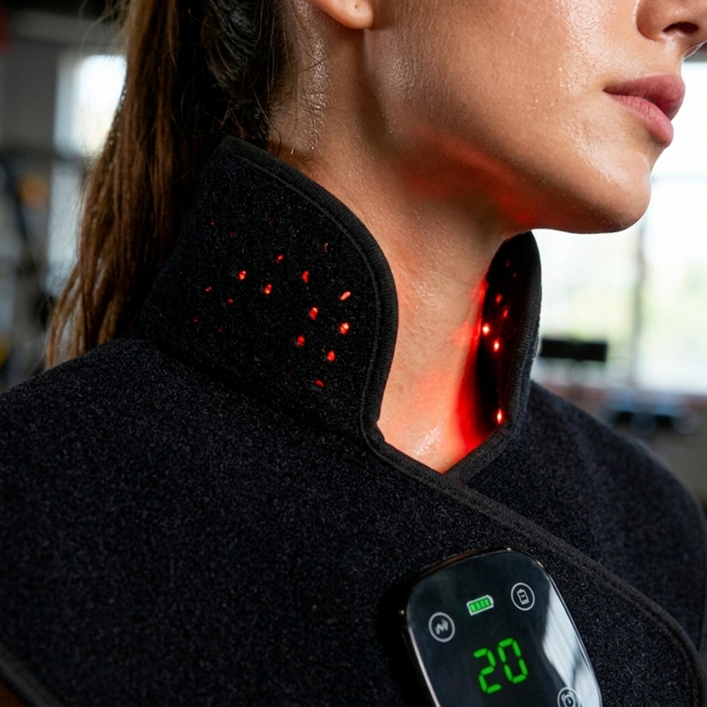 Close-up of a person wearing a black neck-light-therapy collar, with a handheld control device showing the number 20 on its screen.